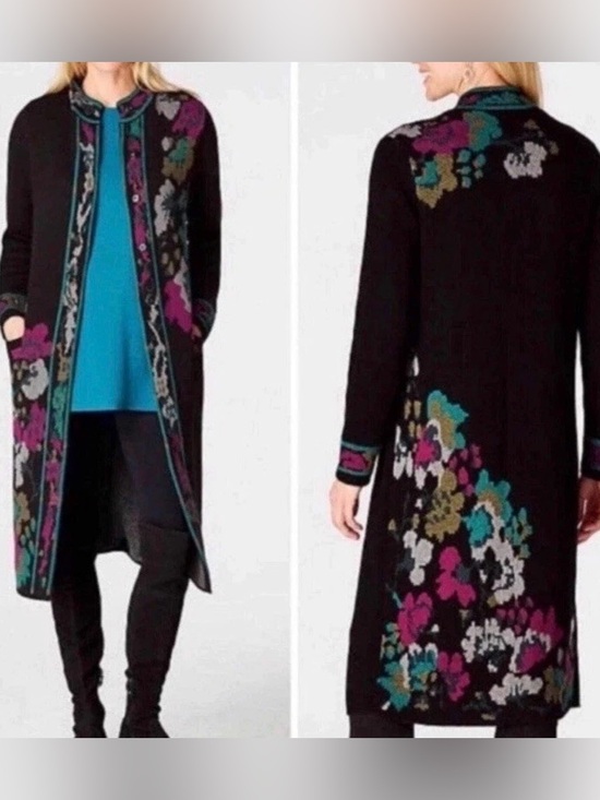 J. Jill Sweaters - J. Jill Black Floral Long Duster Cardigan Sweater Coatigan Size XL Front Pockets